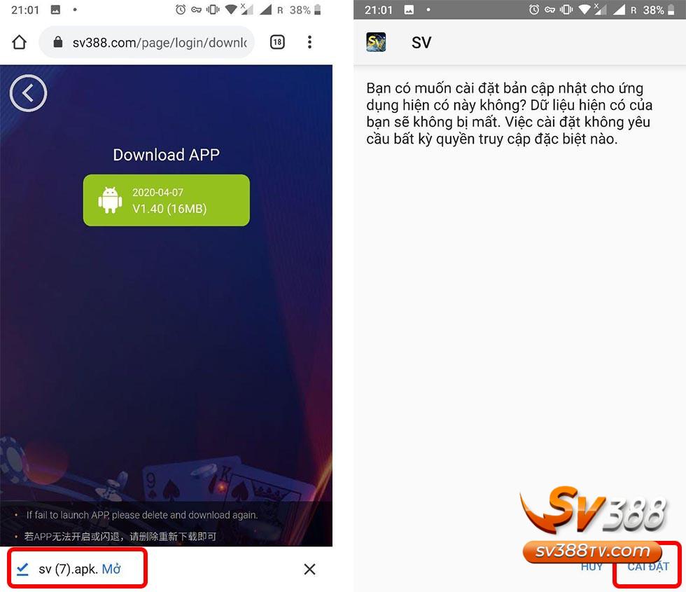 Mở file vừa tải và tiến hành cài đặt ứng dụng SV388